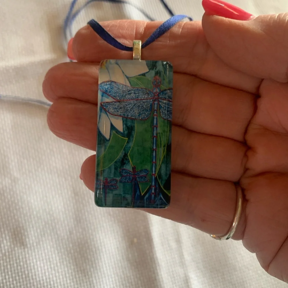 Handmade Vintage Blue and Green Dragonfly Pendant Necklace